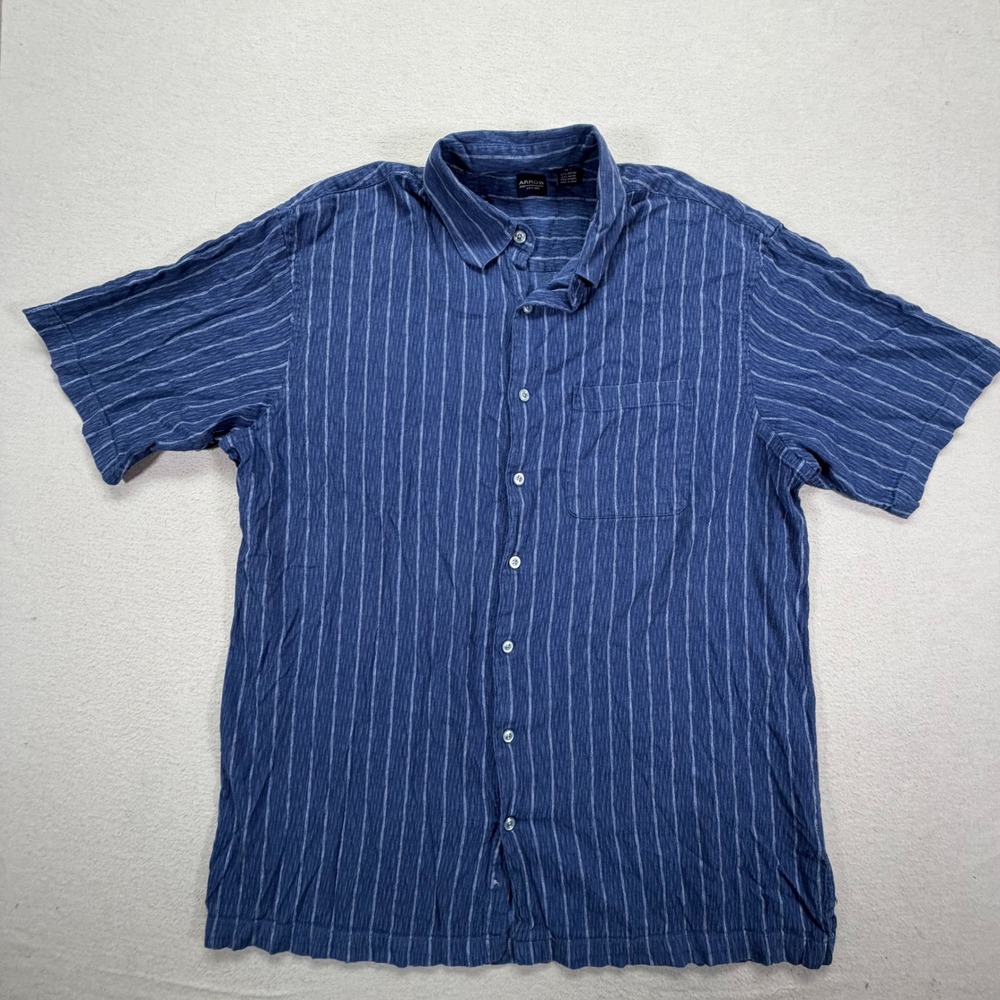 Arrow Mens Button Down Regular Blue Striped Cotton Bamboo Short Sleeve XLT